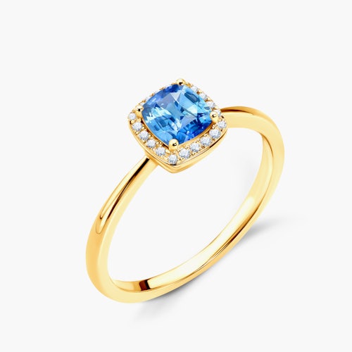 Pierścionek zaręczynowy SAVICKI: żółte złoto, niebieski szafir, diamenty